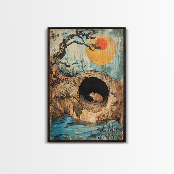 Mouse In Hollow Tree Wall Art, Japanese Nature Print, Whimsical Animal Decor, Orange Sun, Zen Landscape Canvas Print Gift