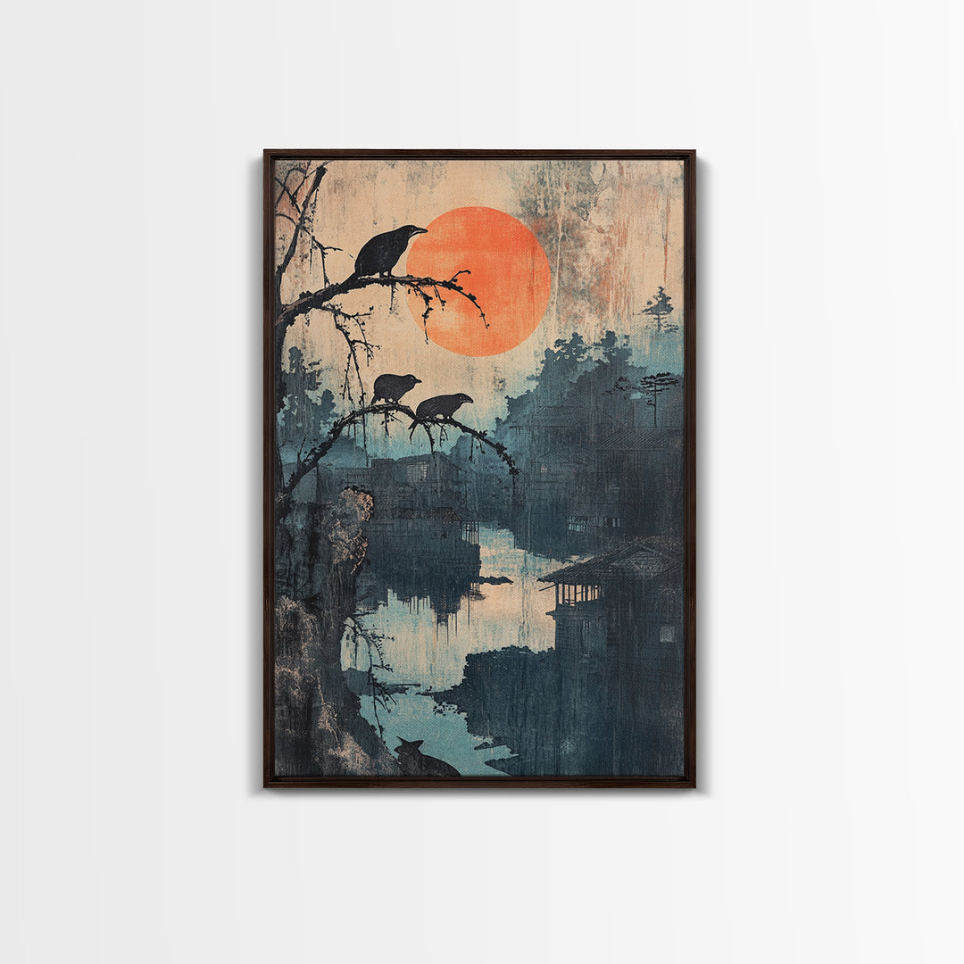 Crows Over Misty River Framed Canvas Print, Japanese Landscape Wall Art, Moody Nature Decor, Orange Sun, Bird Art Print