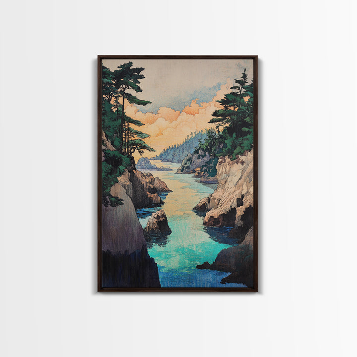 Turquoise Rocky Cove Wall Art, Japanese Coastal Landscape Print, Ocean Seascape Canvas Print, Serene Living Room Decor Gift