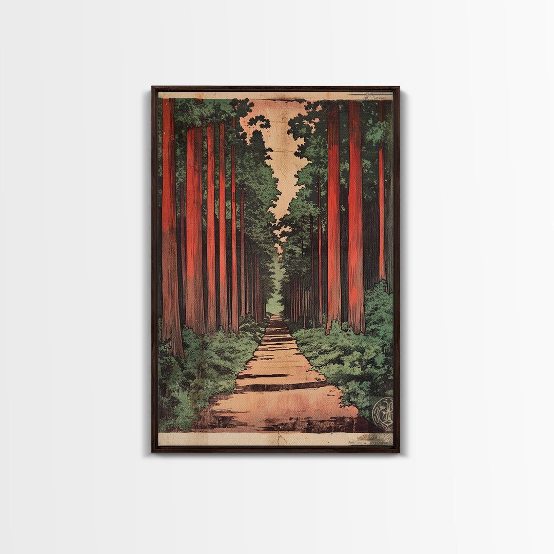 Tall Cedar Forest Path Wall Art, Japanese Woodland Landscape Print, Rustic Nature Canvas Print, Entryway Decor Housewarming Gift