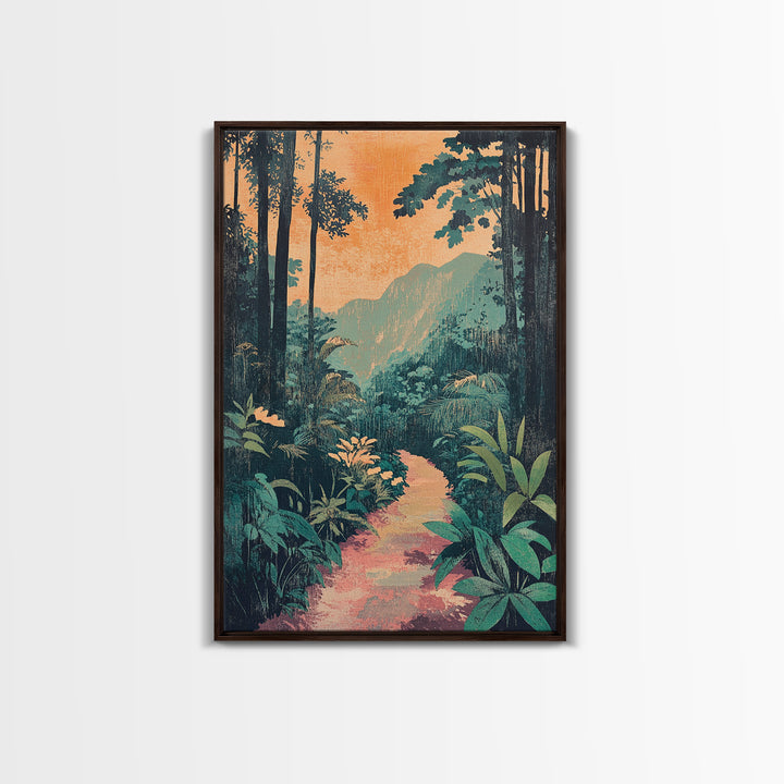 Tropical Jungle Path Wall Art, Lush Botanical Landscape Print, Boho Nature Canvas Print, Vibrant Living Room Decor Gift For Her