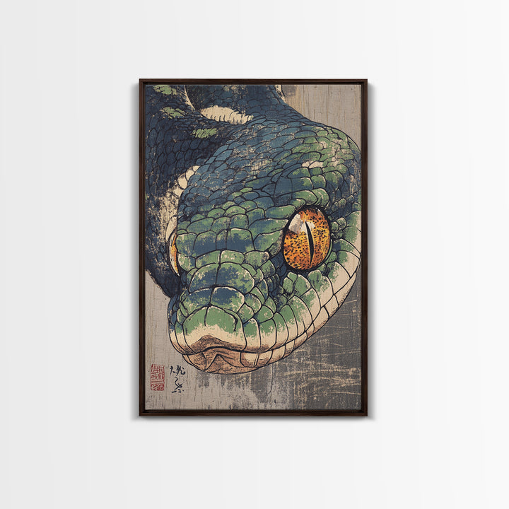 Green Snake Portrait Canvas Print, Japanese Animal Wall Art, Reptile Illustration, Bold Wildlife Decor For Home, Gift For Him