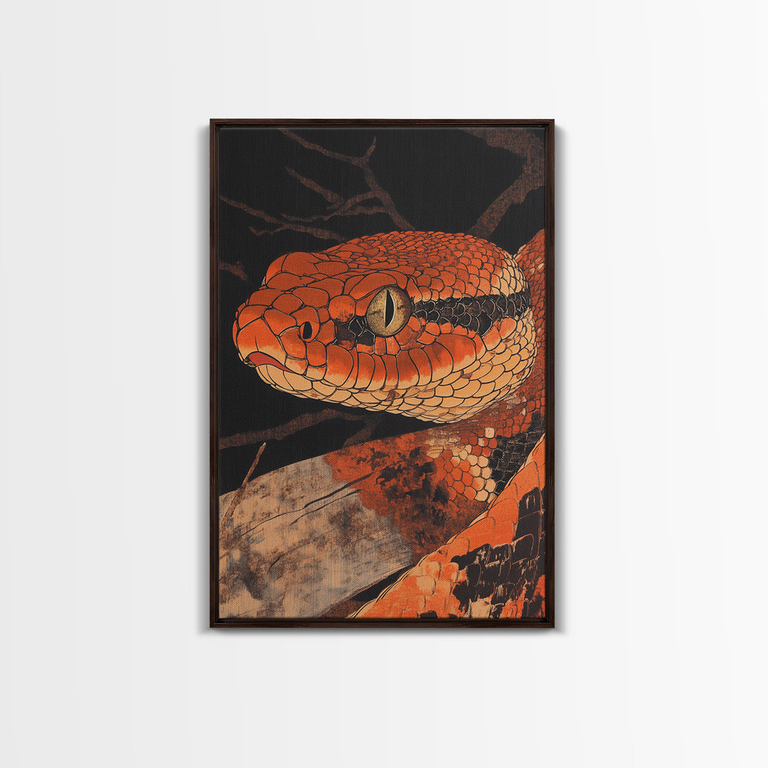 Orange Snake Portrait Framed Canvas Print, Dark Reptile Animal Wall Art, Gothic Wildlife Decor, Gift For Him, Man Cave Decor