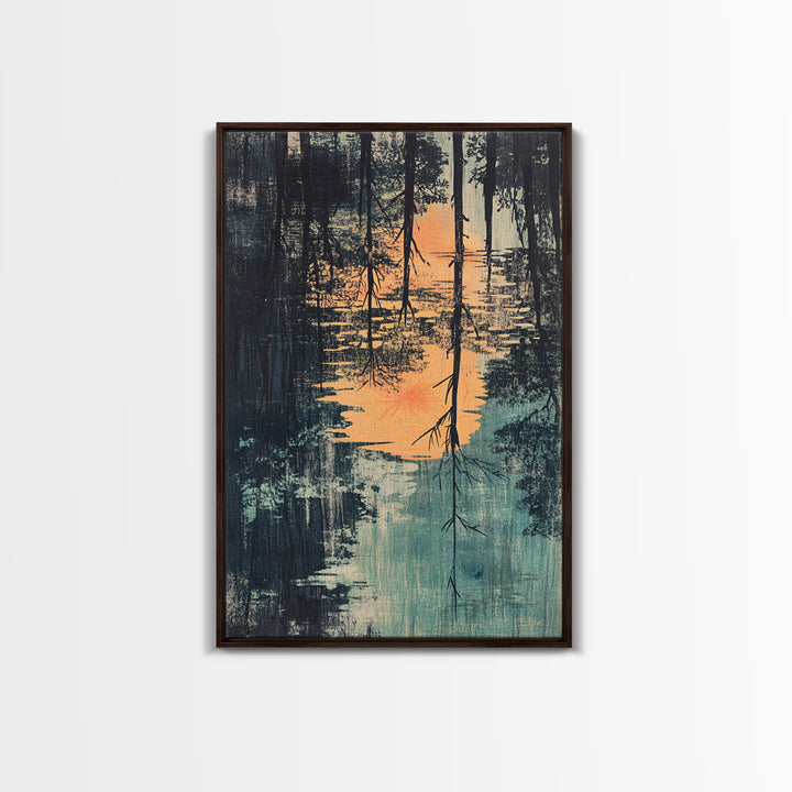 Misty Forest Lake Reflection Wall Art, Moody Landscape Print, Nature Wall Decor, Rustic Home Decor, Framed Canvas Print