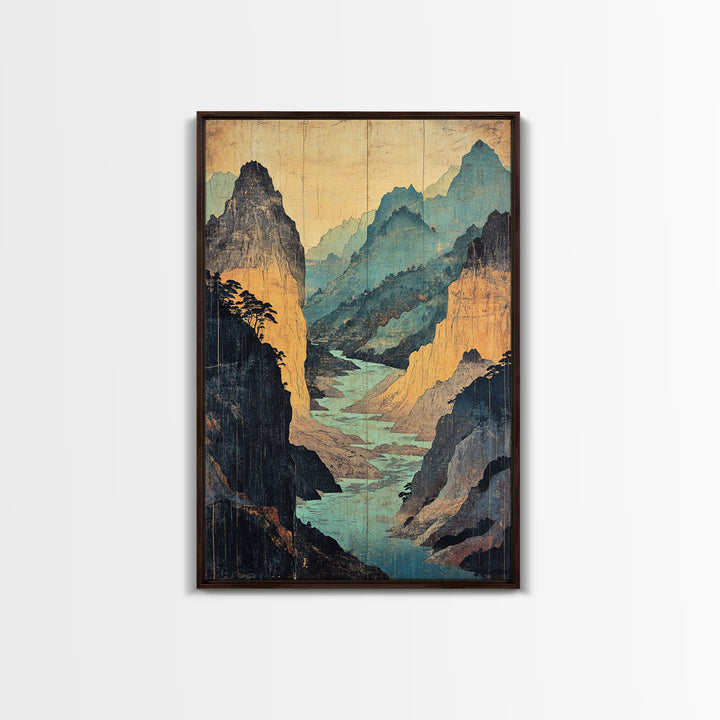Turquoise Canyon River Mountains Wall Art, Japanese Landscape Print, Asian Inspired Travel Decor, Large Framed Canvas Print