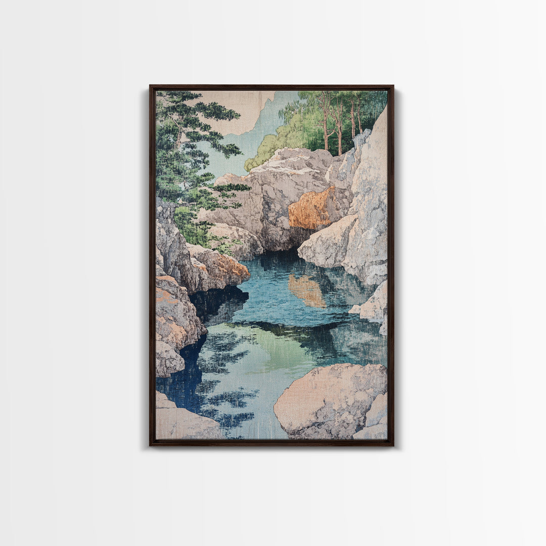 Rocky Mountain Stream And Pine Forest Wall Art, Japanese Landscape Print, Nature Wall Decor, Serene Spa Decor, Home Decor
