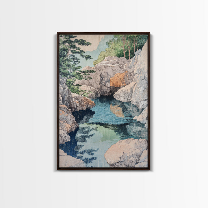 Rocky Mountain Stream And Pine Forest Wall Art, Japanese Landscape Print, Nature Wall Decor, Serene Spa Decor, Home Decor