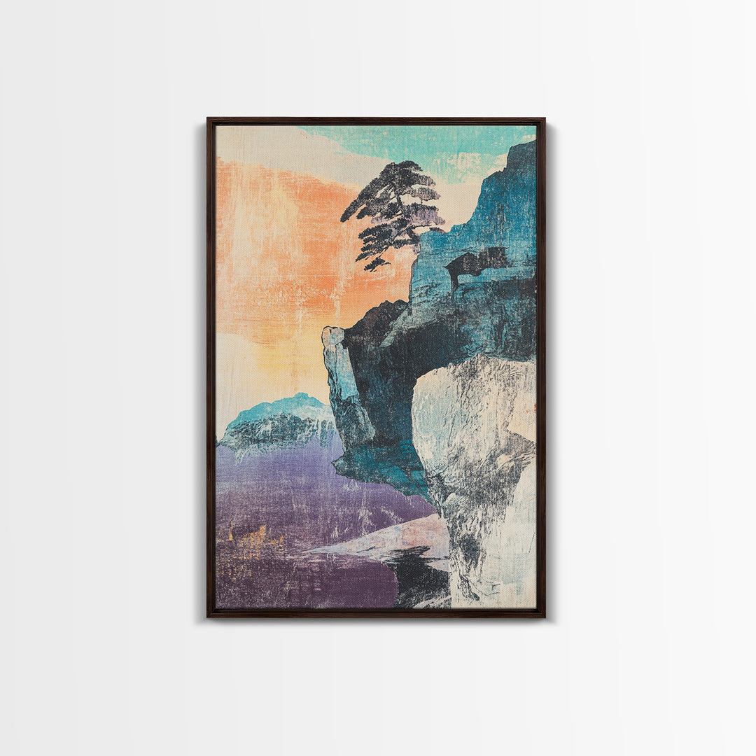 Pastel Sea Cliff With Windblown Pine Wall Art, Japanese Coastal Print, Japandi Decor, Minimalist Landscape, Living Room Decor