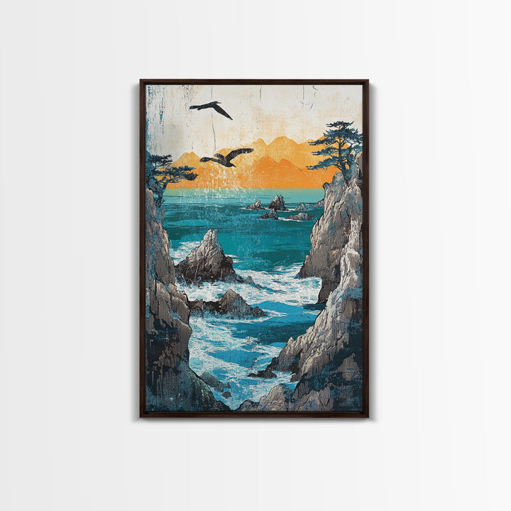Ocean Cliffs With Flying Birds Canvas Print, Japanese Seascape Wall Art, Coastal Decor, Nautical Art, Living Room Decor, Gift For Him
