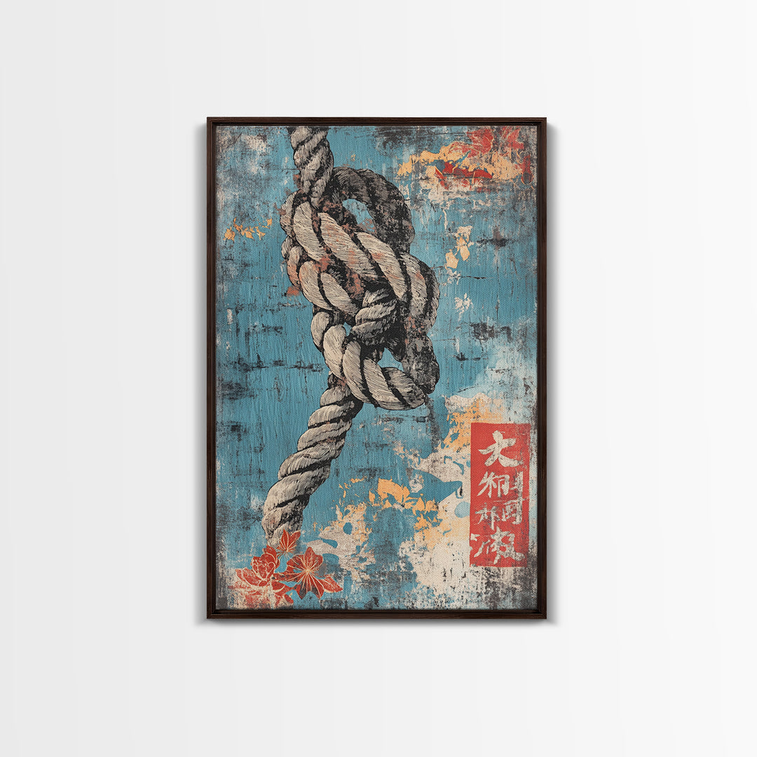 Weathered Nautical Rope Knot Wall Art, Coastal Maritime Print, Blue Ocean Decor, Rustic Beach House Large Framed Canvas Print