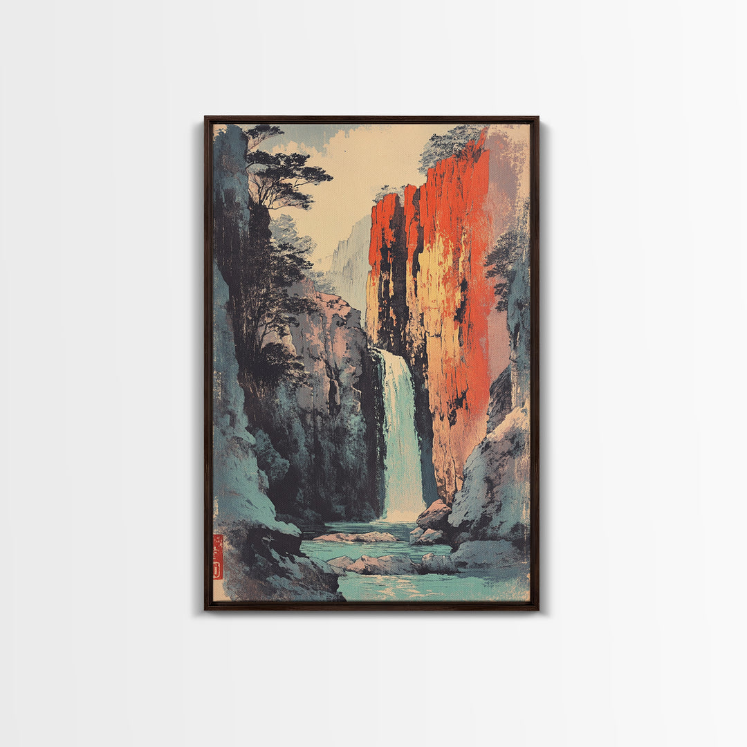 Canyon Waterfall And Red Rock Cliffs Wall Art, Japanese Landscape Print, Nature Decor, Large Serene Mountain Canvas Print