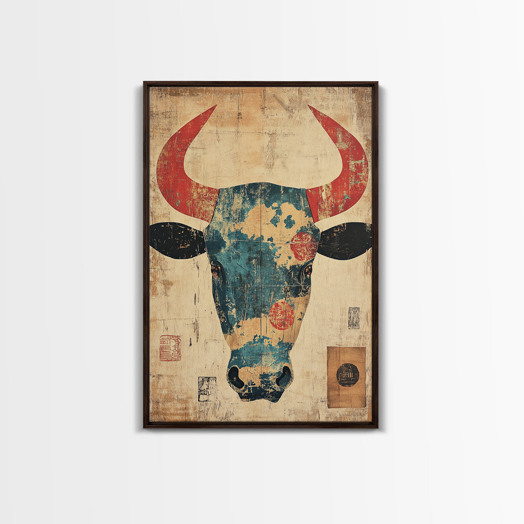 Distressed Turquoise Bull Head With Red Horns Wall Art, Western Tribal Canvas Print, Rustic Ranch Decor, Bold Animal Art