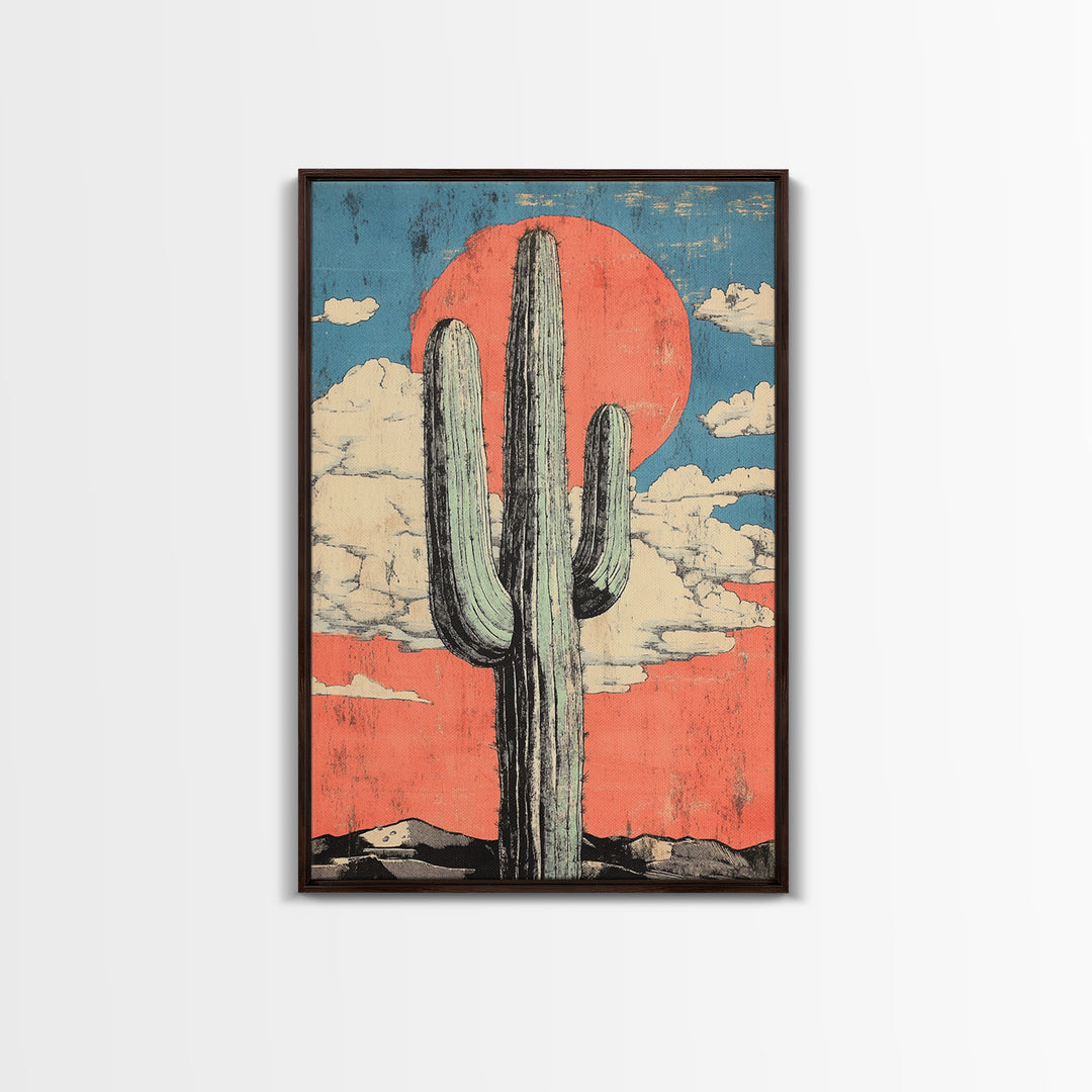 Tall Saguaro Cactus With Coral Desert Sun Wall Art, Southwestern Canvas Print, Boho Western Decor, Arizona Landscape Art