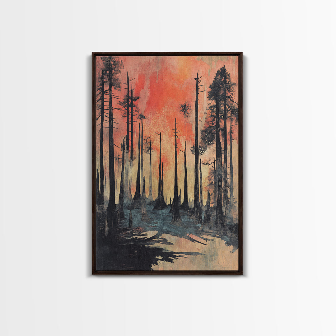 Misty Burnt Pine Forest At Coral Sunset Wall Art, Moody Landscape Canvas Print, Rustic Nature Decor, Dramatic Woodland Art