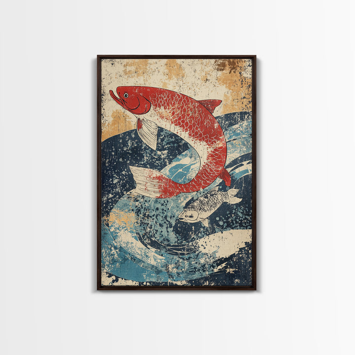 Red Koi Fish Swimming Through Blue Waves Wall Art, Japanese Canvas Print, Coastal Animal Decor, Feng Shui Living Room Art