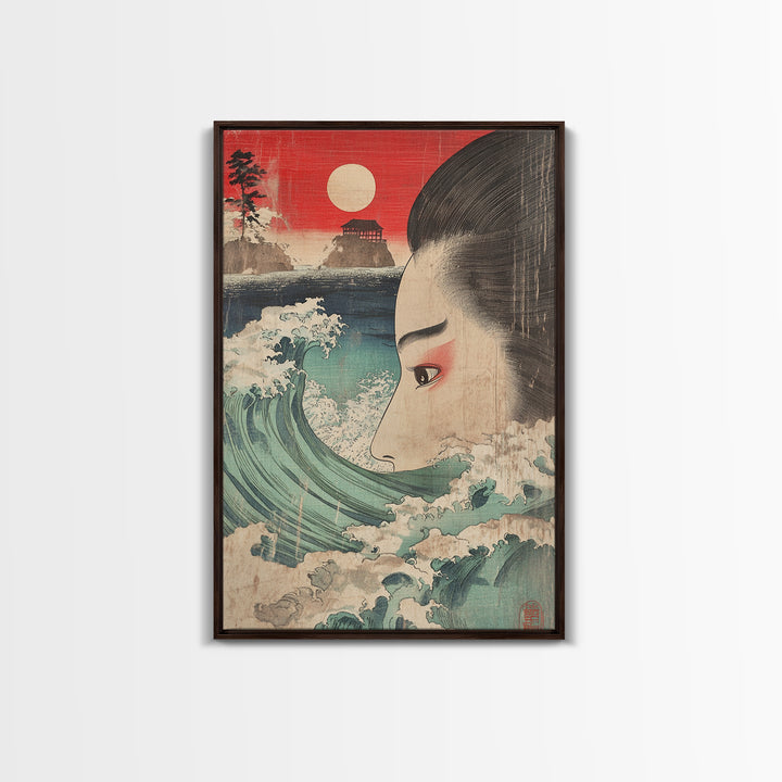 Ukiyo E Woman Face With Ocean Wave Canvas Print, Japanese Wall Art, Coastal Decor, Asian Inspired Art, Living Room Decor