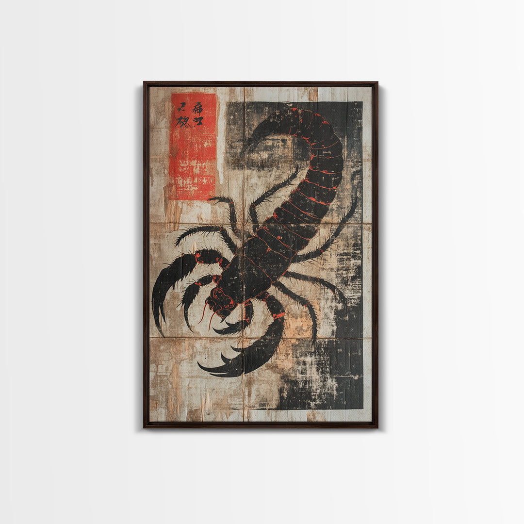 Black Scorpion Japanese Framed Canvas Print, Gothic Wall Art, Dark Academia Decor, Animal Art Print, Unique Gift For Him