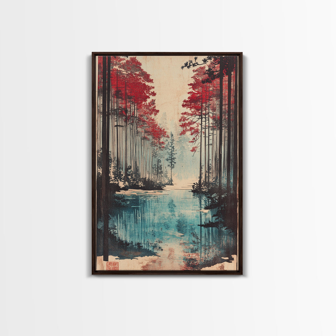 Red Pine Forest Lake Wall Art, Japanese Landscape Print, Moody Nature Wall Decor, Large Living Room Canvas Decor For Home