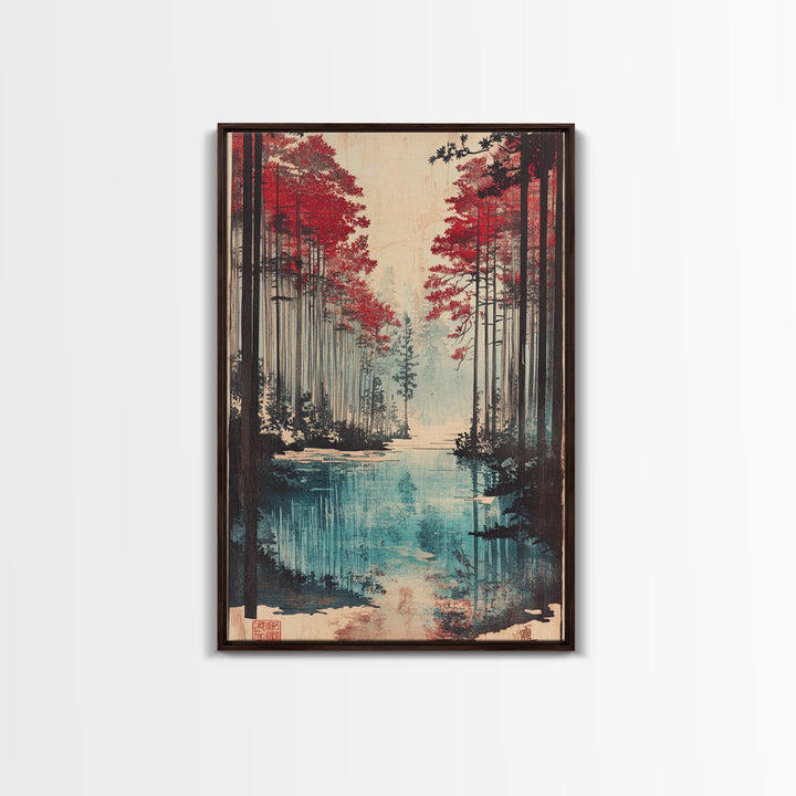 Red Pine Forest Lake Wall Art, Japanese Landscape Print, Moody Nature Wall Decor, Large Living Room Canvas Decor For Home