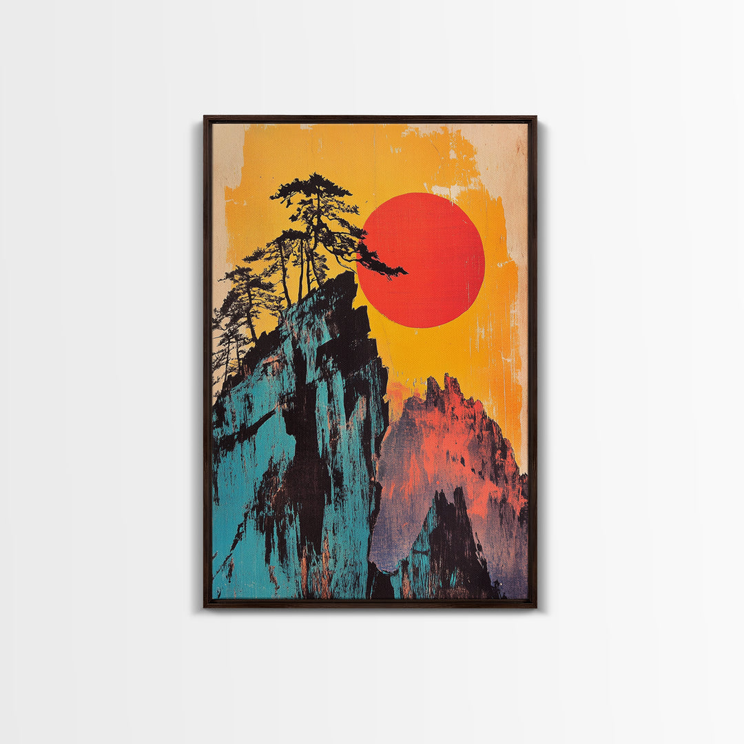 Bold Red Sun Mountain Cliff Wall Art, Japanese Landscape Print, Retro Travel Poster, Statement Living Room Decor Gift For Him