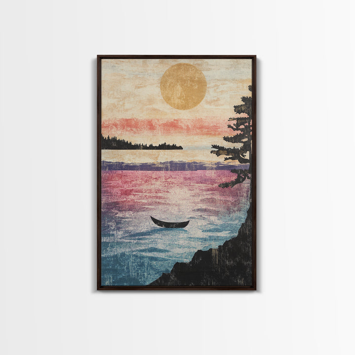 Golden Sunset Canoe On Quiet Lake Wall Art, Japandi Landscape Print, Coastal Cabin Decor, Serene Living Room Canvas Home Decor
