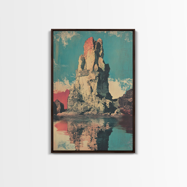 Turquoise Sea Stack Island At Sunset Wall Art, Retro Coastal Landscape Print, Ocean Rock Nature Decor, Modern Beach House