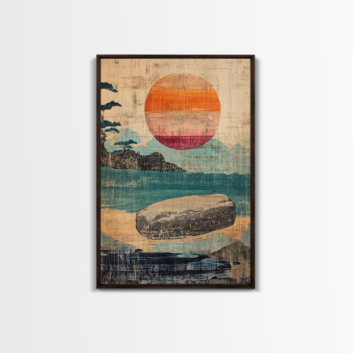 Floating Stone Over Teal Water At Sunset Canvas Print, Japandi Zen Wall Art, Minimalist Coastal Decor, Meditation Room Art