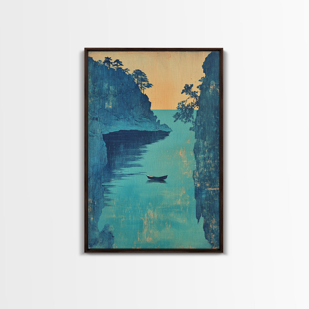 Blue Coastal Canyon Boat Wall Art, Japanese Seascape Print, Nautical Home Decor, Serene Ocean Landscape Living Room Art Print