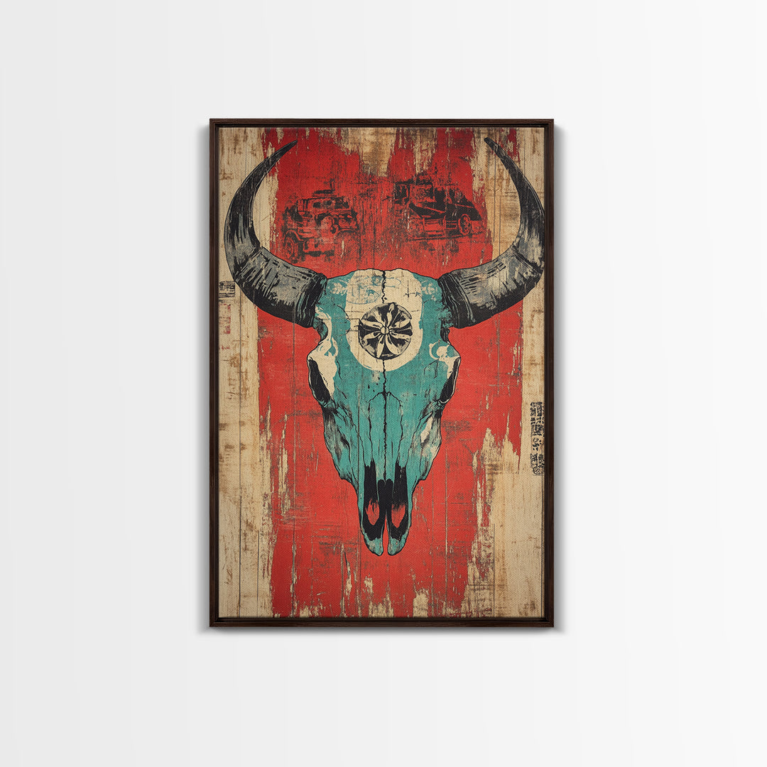 Turquoise Bull Skull On Red Rustic Wood Wall Art, Western Wall Decor, Southwestern Canvas, Tribal Home Decor For Living Room
