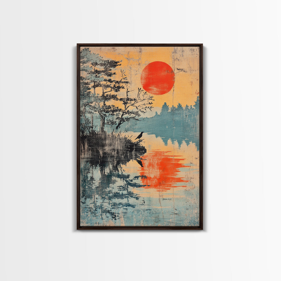 Red Sun Over Pine Lake Reflection Wall Art, Japanese Wall Decor, Japandi Landscape Print, Serene Nature Canvas For Living Room