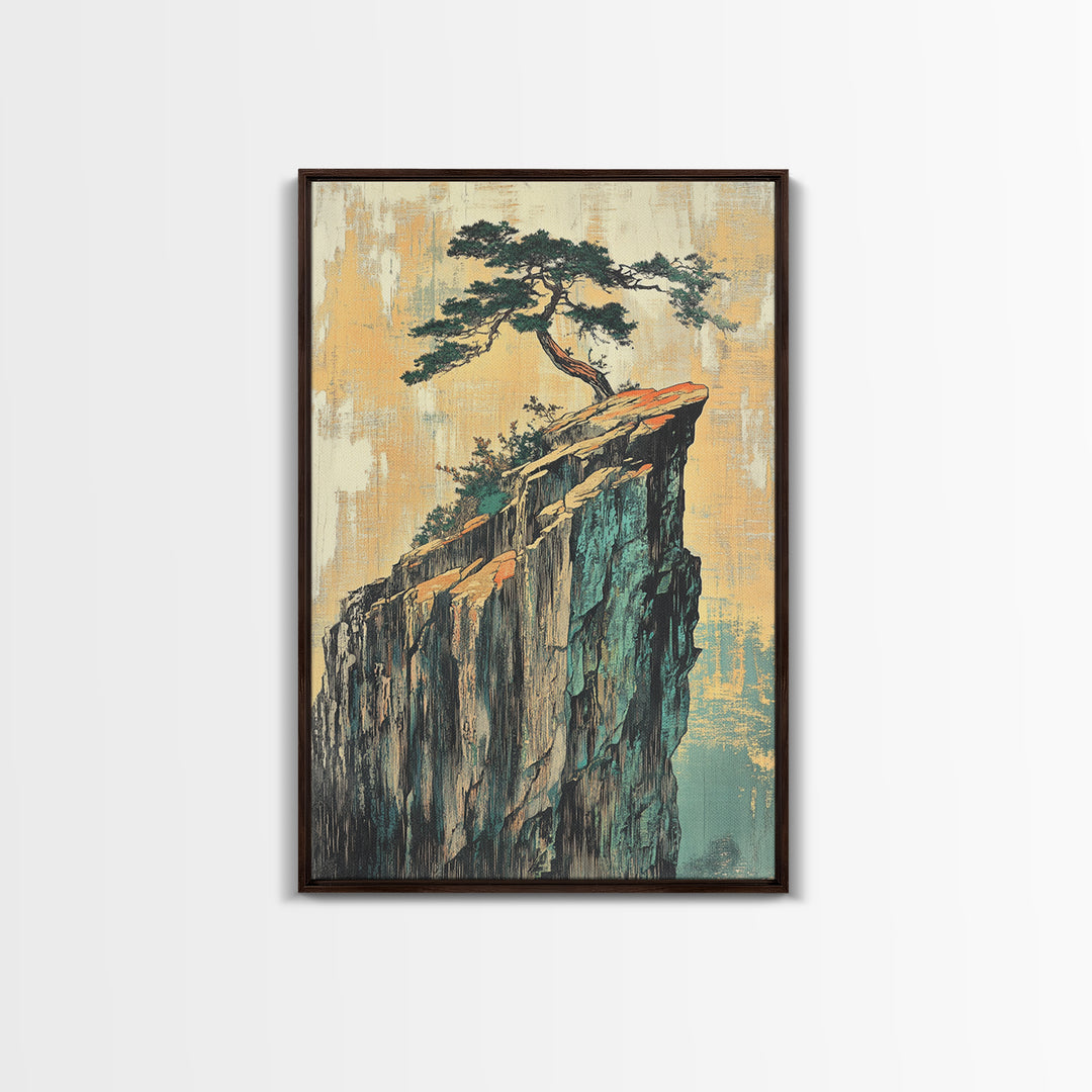 Lone Pine Tree On Sheer Cliff Wall Art, Japandi Landscape, Japanese Wall Decor, Serene Nature Canvas Print For Living Room