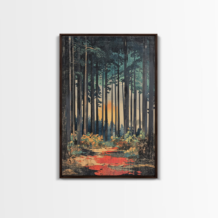 Tall Pine Forest Path At Sunset Wall Art, Nature Wall Decor, Moody Landscape Print, Woodland Canvas For Living Room Decor