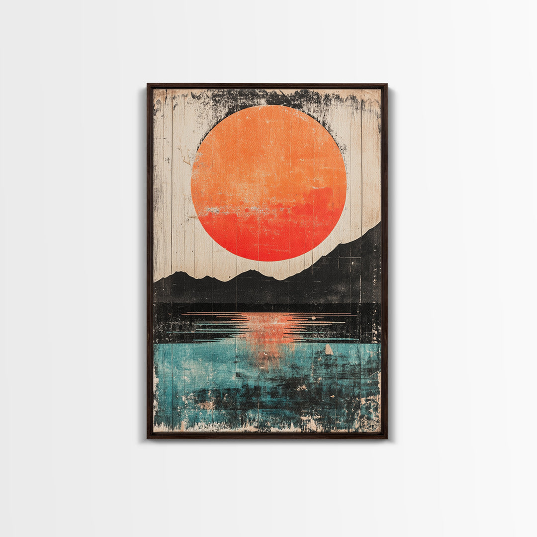Giant Orange Sun Over Mountain Lake Wall Art, Japanese Wall Decor, Modern Landscape, Teal Canvas Print For Living Room Decor