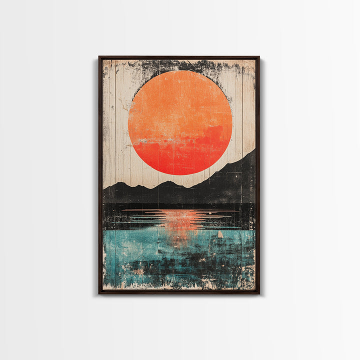 Giant Orange Sun Over Mountain Lake Wall Art, Japanese Wall Decor, Modern Landscape, Teal Canvas Print For Living Room Decor