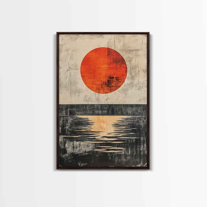 Minimal Red Sun Over Black Horizon Wall Art, Abstract Landscape Print, Japandi Wall Decor, Modern Canvas For Living Room