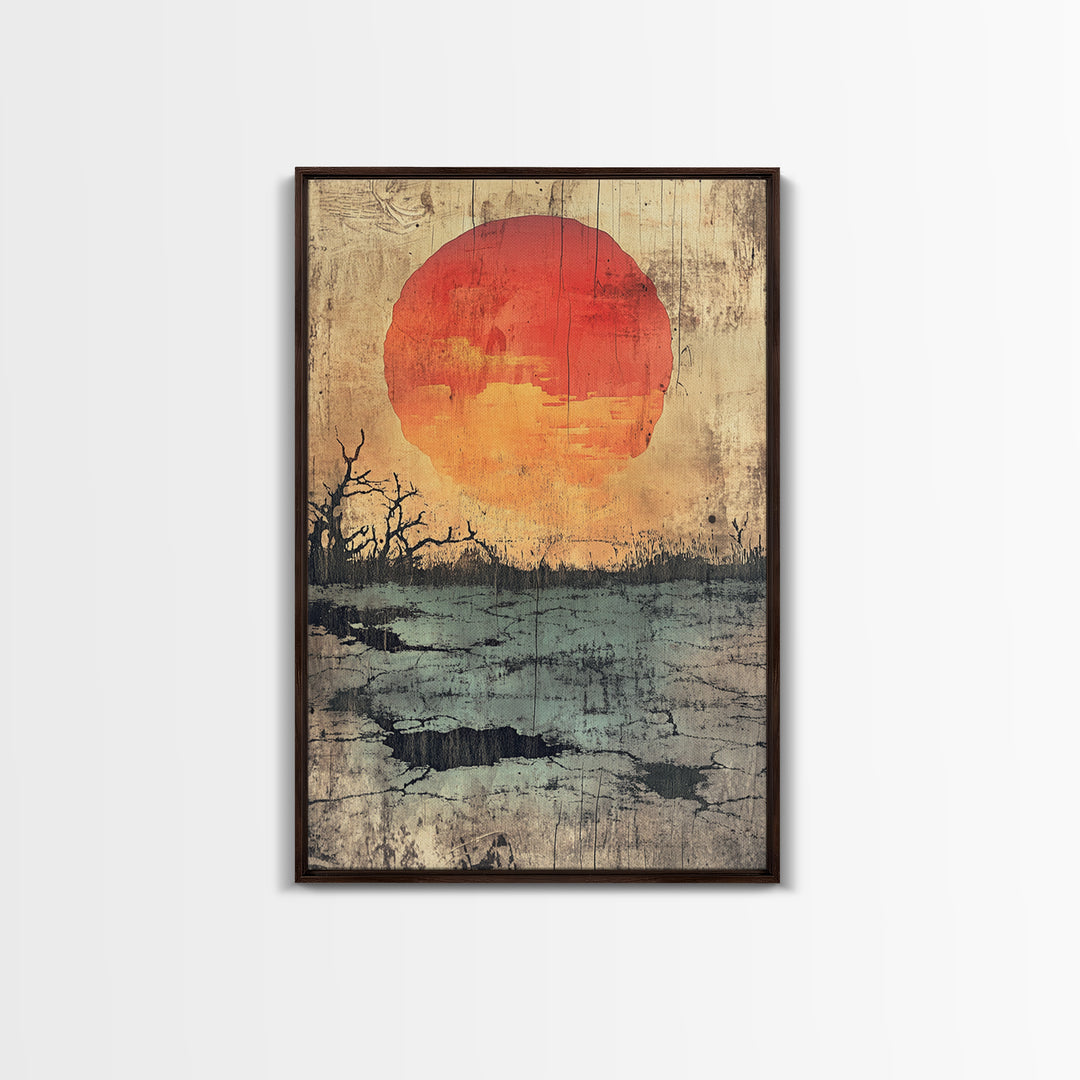 Large Orange Sun Over Barren Wetland Wall Art, Abstract Landscape, Moody Nature Print, Rustic Canvas For Living Room Decor