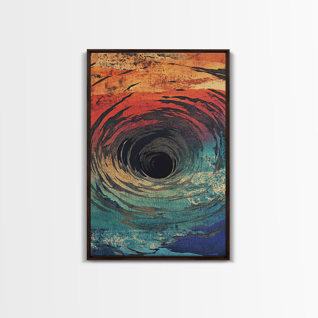 Abstract Ocean Vortex Wall Art, Teal Orange Whirlpool Print, Surreal Coastal Decor, Modern Statement Framed Canvas Print