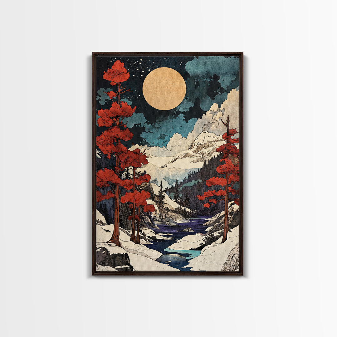 Full Moon Snowy Mountain Wall Art, Red Pine Japanese Landscape Canvas Print, Winter Forest Decor For Cabin Living Room Gift
