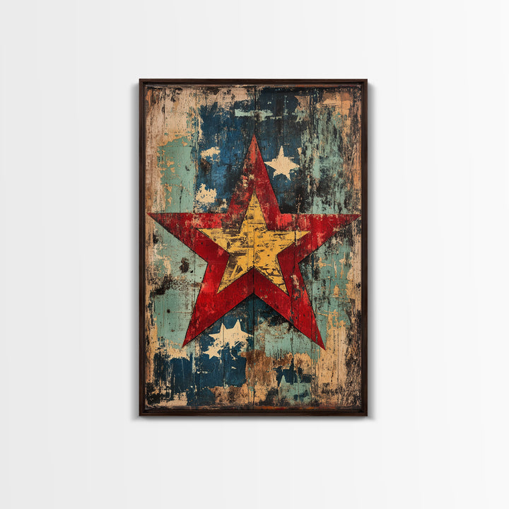 Weathered Red Star Wall Art, Rustic Americana Wood Panel Canvas Print, Patriotic Farmhouse Decor For Living Room Home Decor