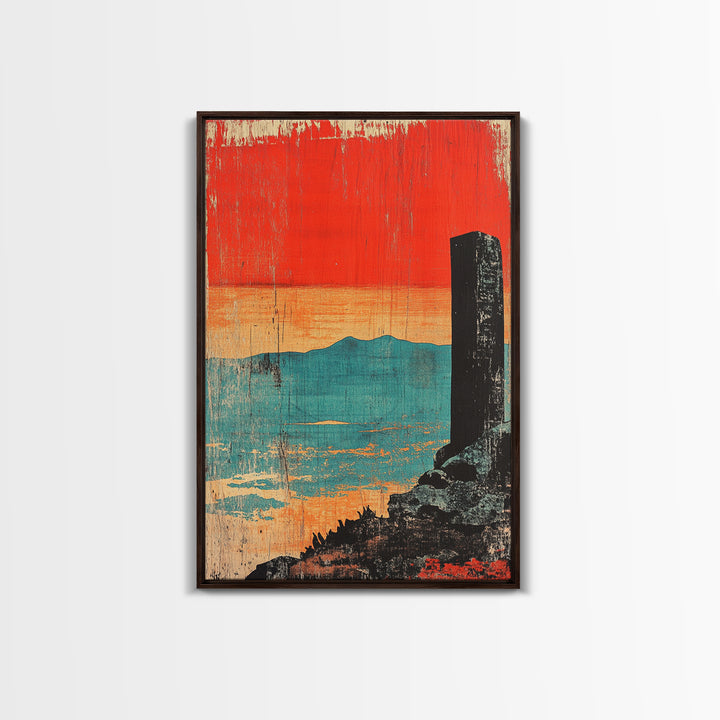 Orange Sunset Over Turquoise Sea Wall Art, Minimal Japanese Landscape Print, Coastal Zen Decor, Modern Living Room Art, Gift