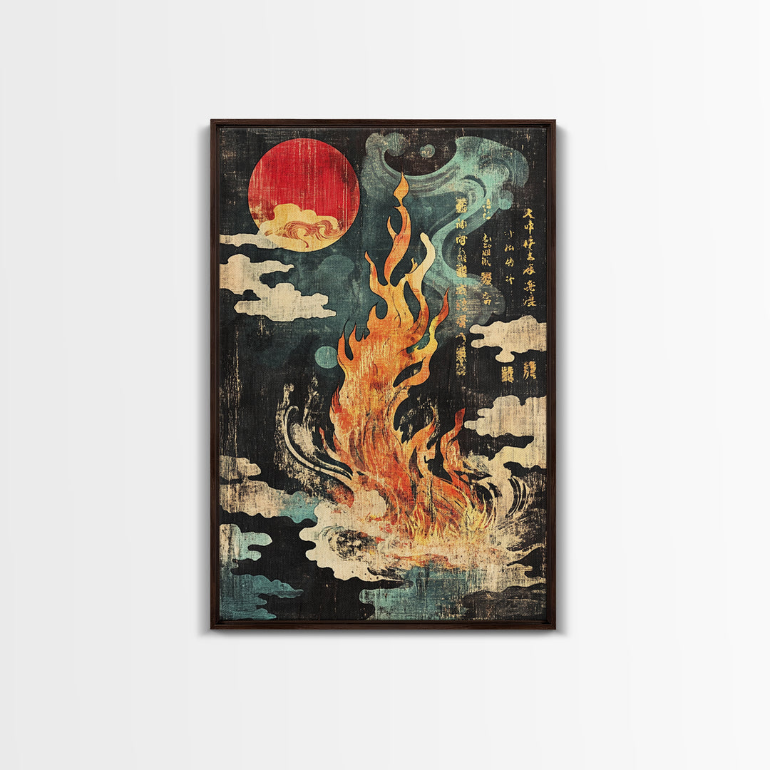 Mystic Fire Under Red Moon Canvas Print, Japanese Folklore Wall Art, Celestial Fantasy Decor, Dark Zen Statement Print, Gift