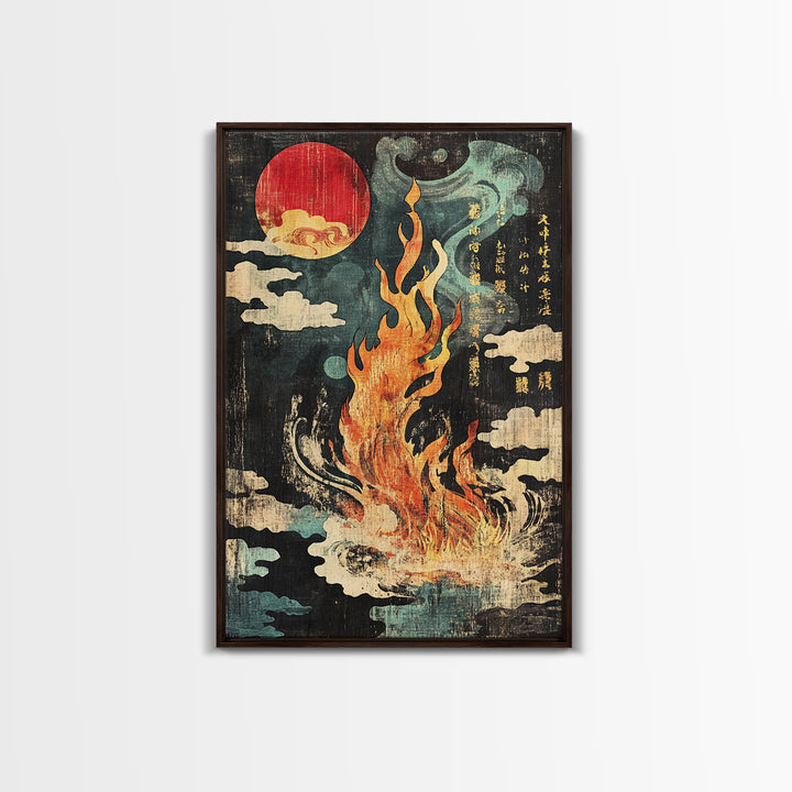 Mystic Fire Under Red Moon Canvas Print, Japanese Folklore Wall Art, Celestial Fantasy Decor, Dark Zen Statement Print, Gift