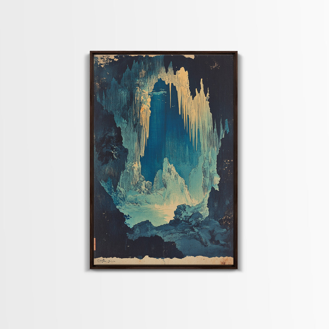 Blue Ice Cave With Glowing Cavern Lake Framed Canvas Print, Fantasy Landscape Wall Art, Moody Nature Decor, Unique Office Art