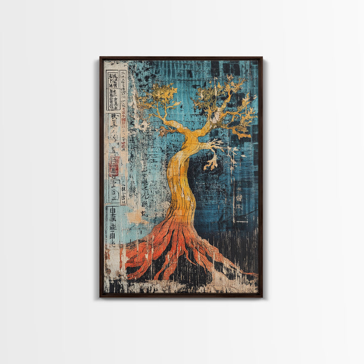 Golden Tree With Red Roots On Blue Canvas Print, Japanese Botanical Wall Art, Abstract Nature Decor, Organic Modern Home Decor