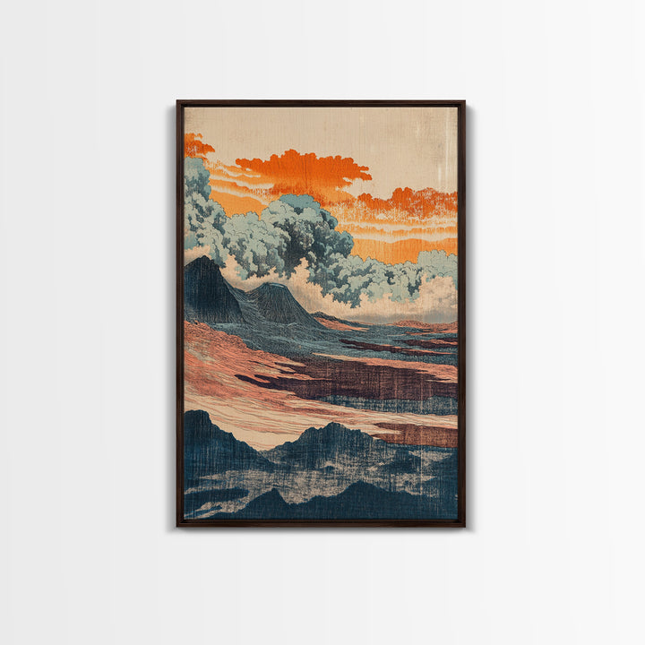 Orange Clouds Over Abstract Sea And Hills Wall Art, Japanese Landscape Print, Mid Century Modern Decor, Boho Living Room Art