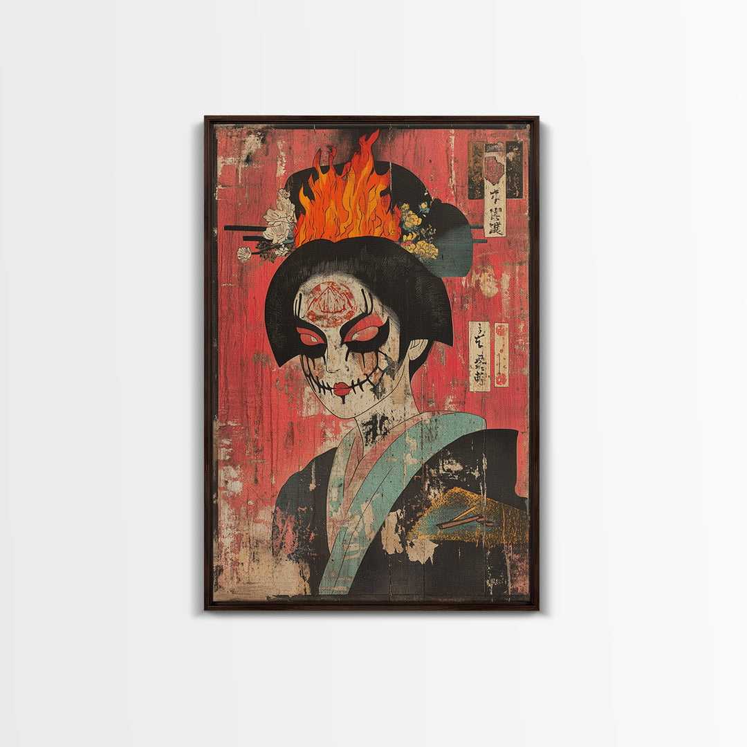 Gothic Geisha Skull With Flaming Headdress Canvas Print, Japanese Dark Wall Art, Surreal Portrait Decor, Moody Maximalist Art