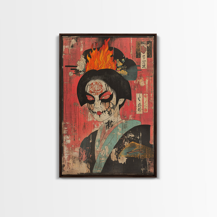 Gothic Geisha Skull With Flaming Headdress Canvas Print, Japanese Dark Wall Art, Surreal Portrait Decor, Moody Maximalist Art
