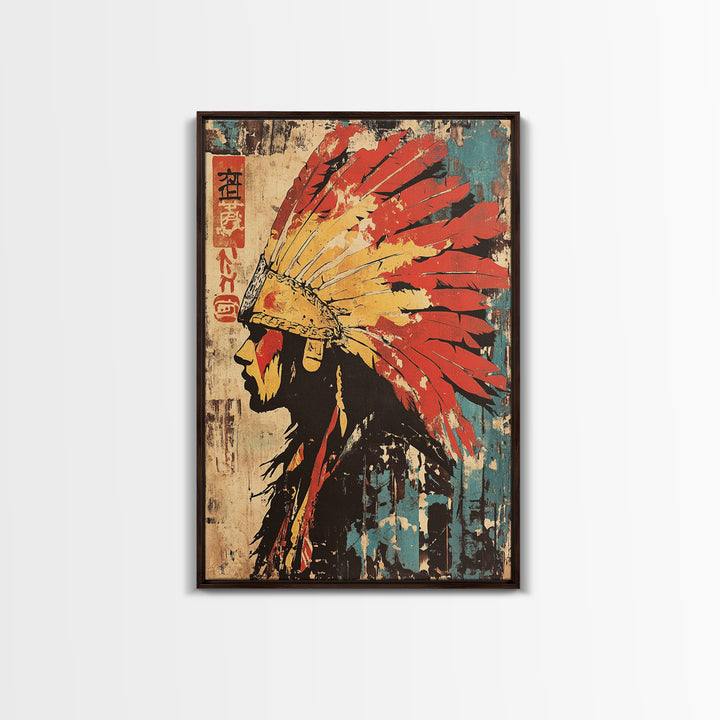 Indigenous Warrior Headdress Canvas Print, Tribal Wall Art, Southwestern Decor, Cultural Art Print, Bold Western Home Decor