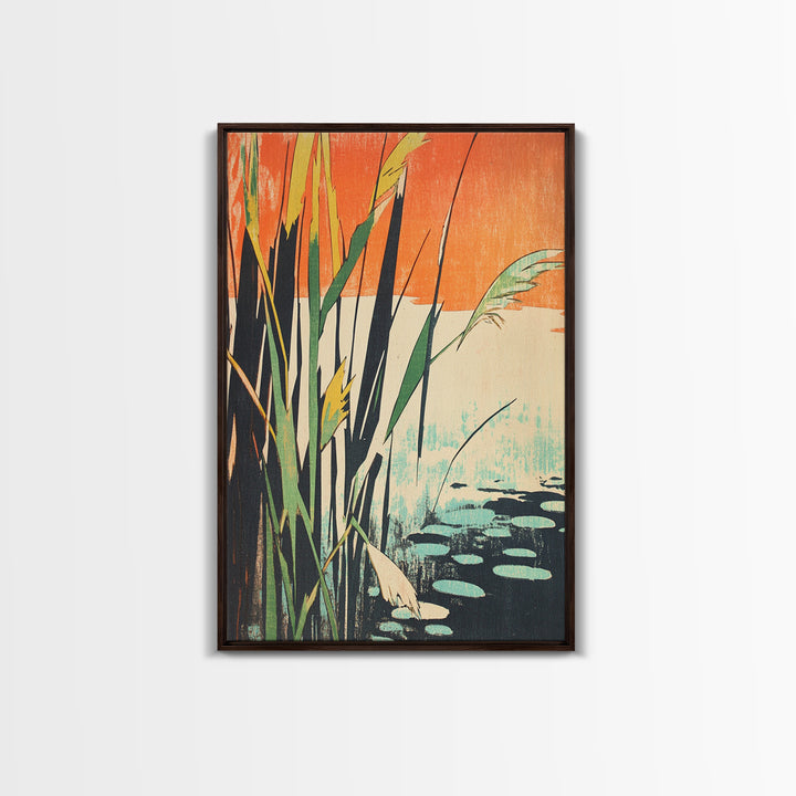 Tall Reeds Orange Sunset Canvas Print, Botanical Wall Art, Japanese Pond Landscape, Nature Decor, Serene Japandi Art Print