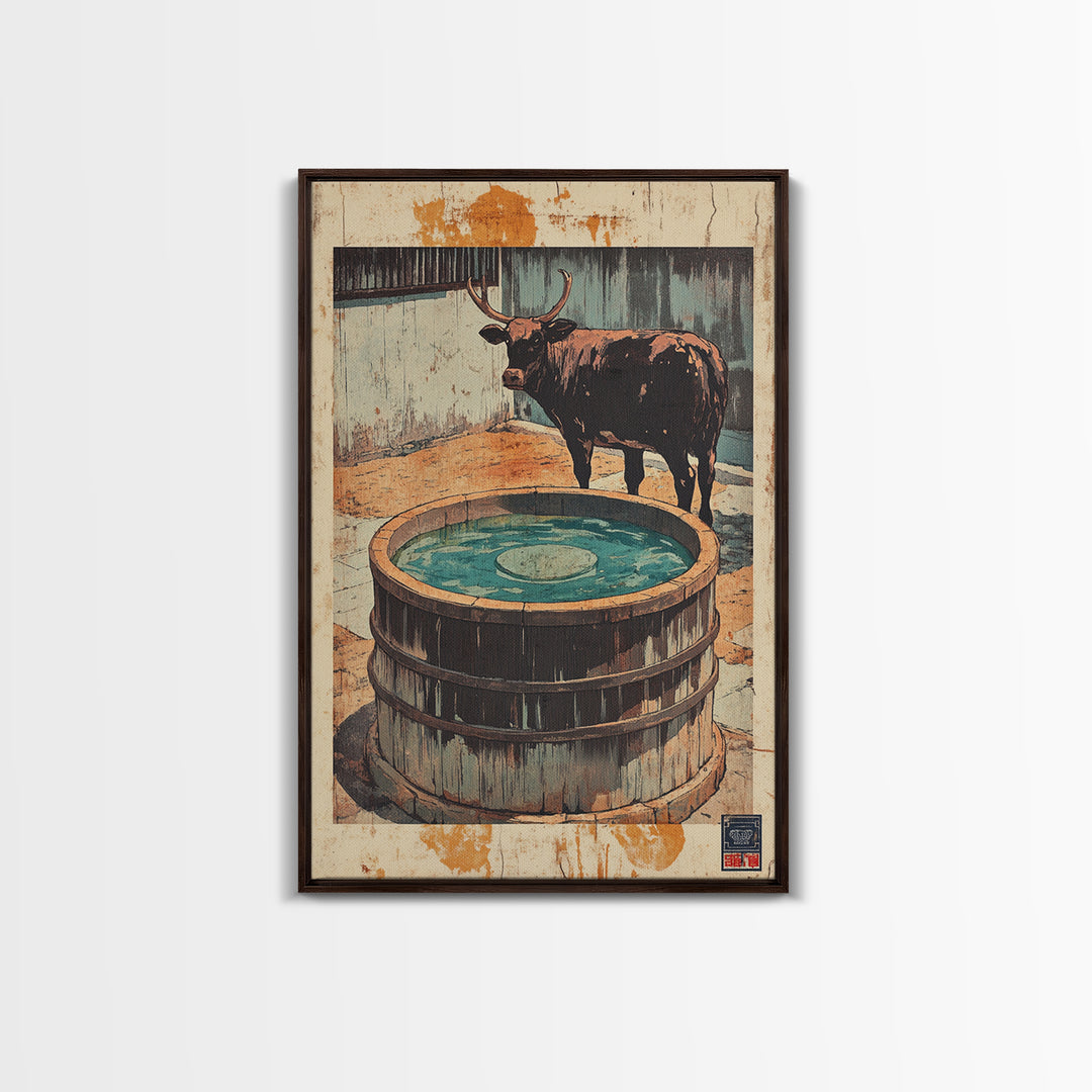 Longhorn Bull Water Trough Canvas Print, Western Wall Art, Rustic Farmhouse Decor, Ranch Animal Art, Country Wall Decor
